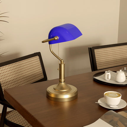 Banker's Desk Lamp with Antique Bronze Base and Blue Glass Shade - Blue