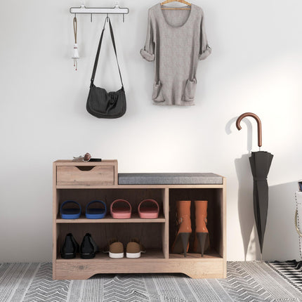 Multi-Compartment Shoe Bench with Padded Seat and Drawer - Grey