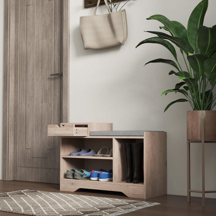 Multi-Compartment Shoe Bench with Padded Seat and Drawer - Grey