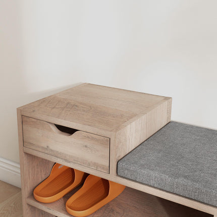 Multi-Compartment Shoe Bench with Padded Seat and Drawer - Grey