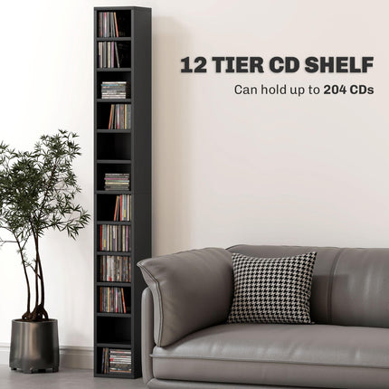 204 CD Tall Narrow Media Storage Tower with 12 Tiers - Black