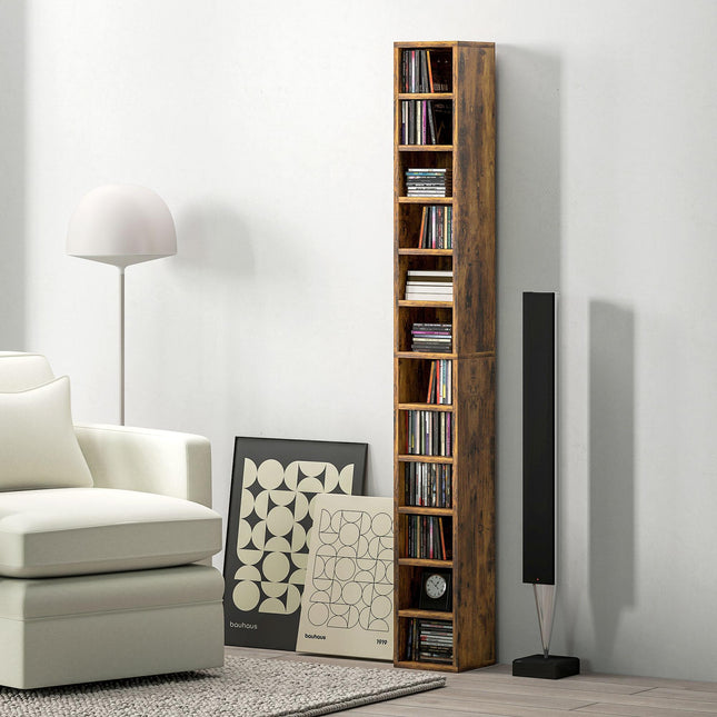 204 CD Tall Narrow Media Storage Tower with 12 Tiers - Rustic Brown