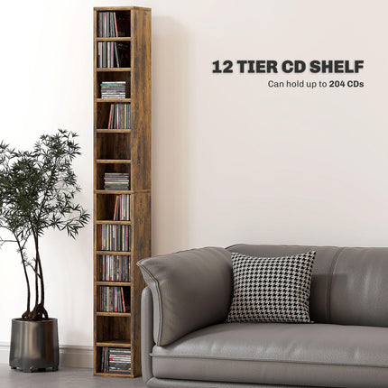 204 CD Tall Narrow Media Storage Tower with 12 Tiers - Rustic Brown
