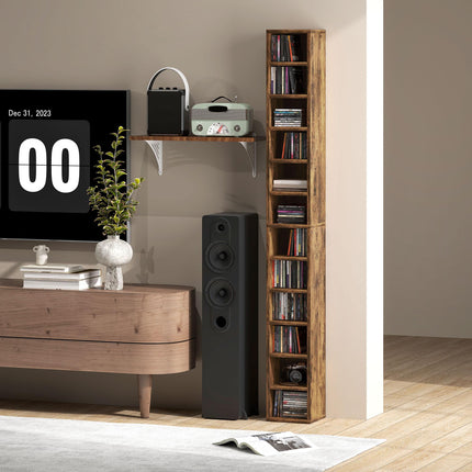 204 CD Tall Narrow Media Storage Tower with 12 Tiers - Rustic Brown