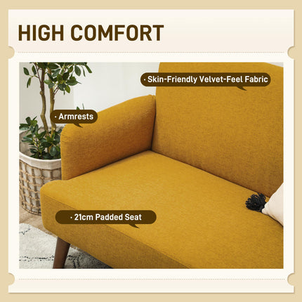 Velvet Feel 2 Seater Sofa with 21cm Padding and Wood Legs - Yellow