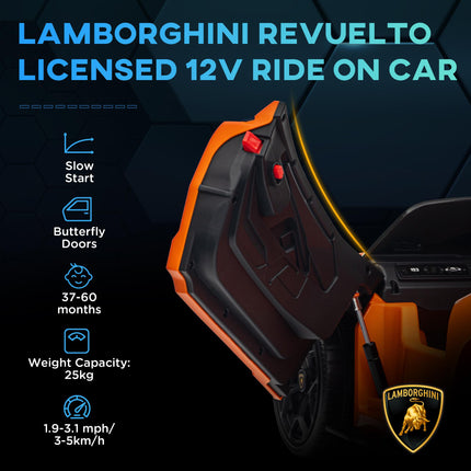 Lamborghini Revuelto Licensed 12V Ride-On Car with Remote Control, Butterfly Doors, Suspension - Orange