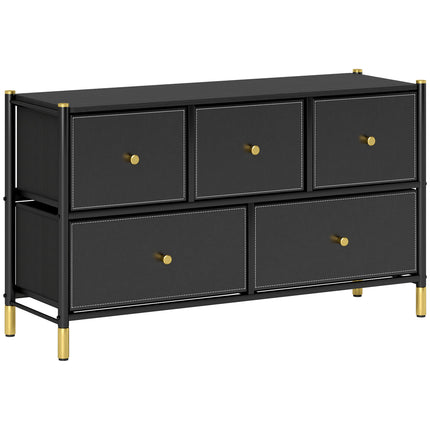 5 Drawer Fabric Dresser Chest with PU Leather Surface and Steel Frame - Black