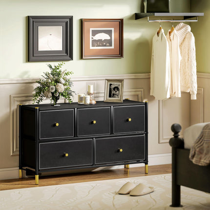 5 Drawer Fabric Dresser Chest with PU Leather Surface and Steel Frame - Black