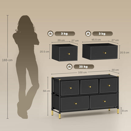 5 Drawer Fabric Dresser Chest with PU Leather Surface and Steel Frame - Black