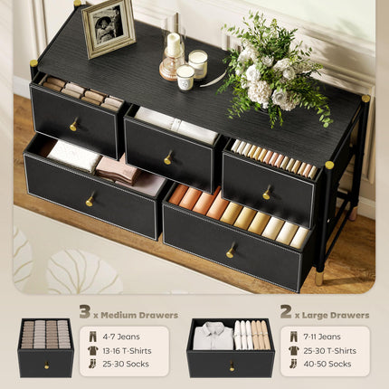 5 Drawer Fabric Dresser Chest with PU Leather Surface and Steel Frame - Black