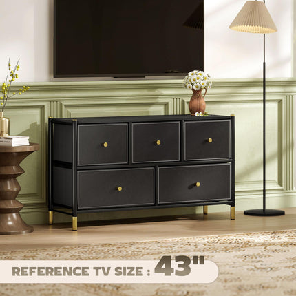 5 Drawer Fabric Dresser Chest with PU Leather Surface and Steel Frame - Black