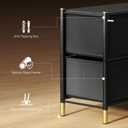 5 Drawer Fabric Dresser Chest with PU Leather Surface and Steel Frame - Black