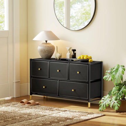 5 Drawer Fabric Dresser Chest with PU Leather Surface and Steel Frame - Black