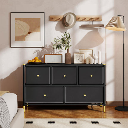 5 Drawer Fabric Dresser Chest with PU Leather Surface and Steel Frame - Black