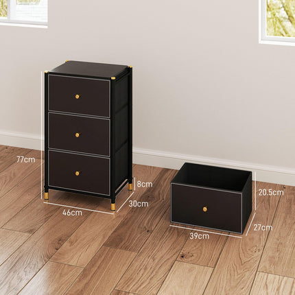 Faux Leather Chest of Three Drawers with Gold Accents - Black