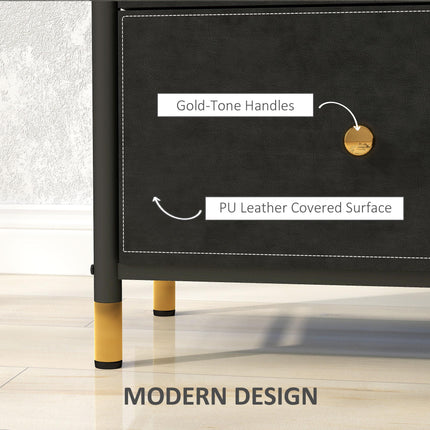 Faux Leather Chest of Three Drawers with Gold Accents - Black