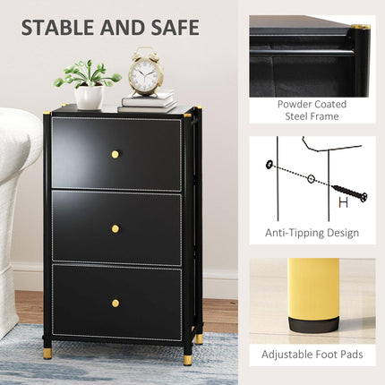 Faux Leather Chest of Three Drawers with Gold Accents - Black