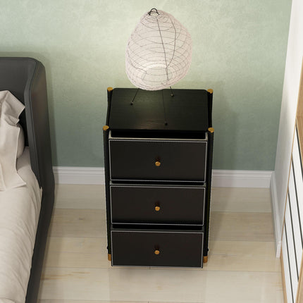 Faux Leather Chest of Three Drawers with Gold Accents - Black