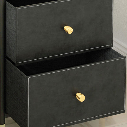 Faux Leather Chest of Three Drawers with Gold Accents - Black