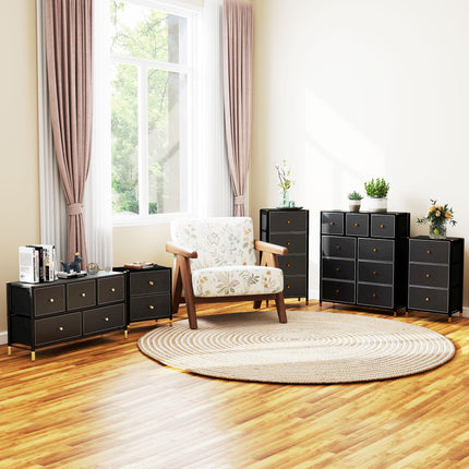 Faux Leather Chest of Three Drawers with Gold Accents - Black