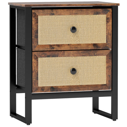 Bedside Table with 2 Rattan Drawers and Steel Legs for Bedroom & Living Room - Rustic Brown