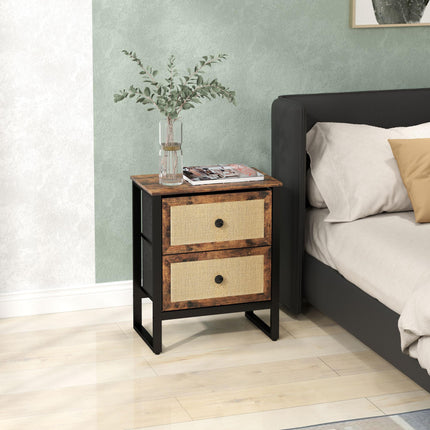 Bedside Table with 2 Rattan Drawers and Steel Legs for Bedroom & Living Room - Rustic Brown