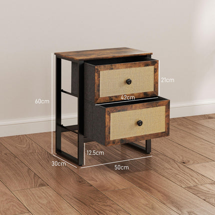 Bedside Table with 2 Rattan Drawers and Steel Legs for Bedroom & Living Room - Rustic Brown