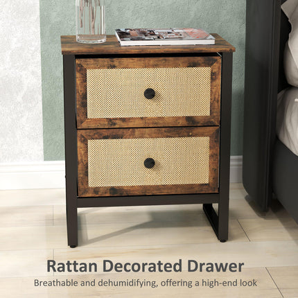 Bedside Table with 2 Rattan Drawers and Steel Legs for Bedroom & Living Room - Rustic Brown