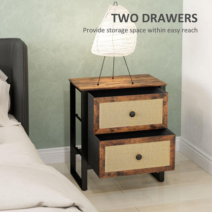 Bedside Table with 2 Rattan Drawers and Steel Legs for Bedroom & Living Room - Rustic Brown
