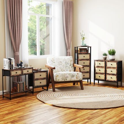 Bedside Table with 2 Rattan Drawers and Steel Legs for Bedroom & Living Room - Rustic Brown
