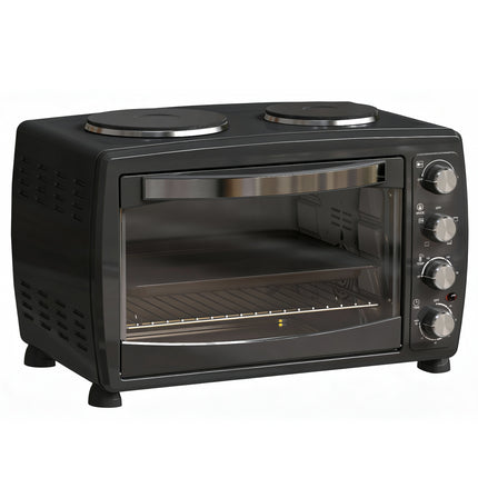 36L Electric Toaster Oven with 2 Hot Plates, Grill, Roast, Bake, Timer, Adjustable Temperature - Black
