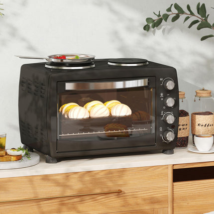 36L Electric Toaster Oven with 2 Hot Plates, Grill, Roast, Bake, Timer, Adjustable Temperature - Black