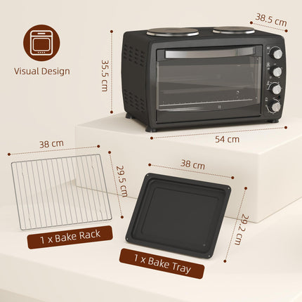 36L Electric Toaster Oven with 2 Hot Plates, Grill, Roast, Bake, Timer, Adjustable Temperature - Black