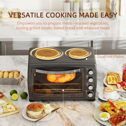 36L Electric Toaster Oven with 2 Hot Plates, Grill, Roast, Bake, Timer, Adjustable Temperature - Black