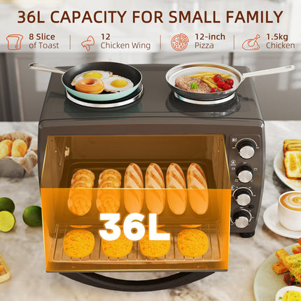 36L Electric Toaster Oven with 2 Hot Plates, Grill, Roast, Bake, Timer, Adjustable Temperature - Black