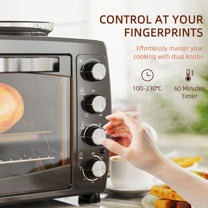 36L Electric Toaster Oven with 2 Hot Plates, Grill, Roast, Bake, Timer, Adjustable Temperature - Black