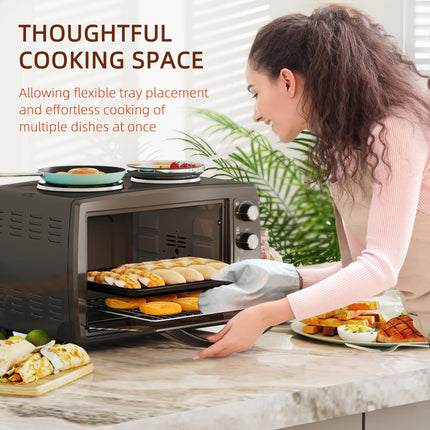 36L Electric Toaster Oven with 2 Hot Plates, Grill, Roast, Bake, Timer, Adjustable Temperature - Black