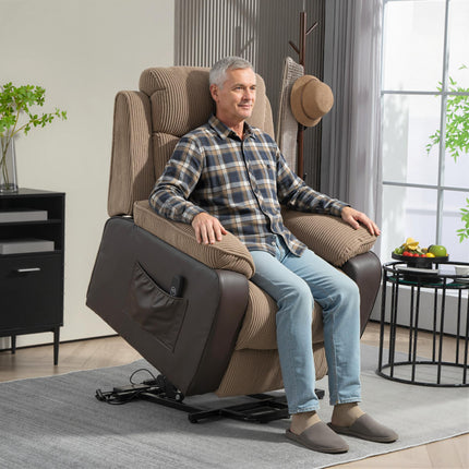 Electric Riser Recliner Chair with USB Port and Patchwork Corduroy Upholstery - Brown