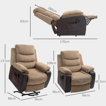 Electric Riser Recliner Chair with USB Port and Patchwork Corduroy Upholstery - Brown