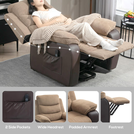 Electric Riser Recliner Chair with USB Port and Patchwork Corduroy Upholstery - Brown