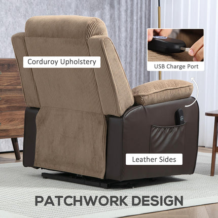 Electric Riser Recliner Chair with USB Port and Patchwork Corduroy Upholstery - Brown