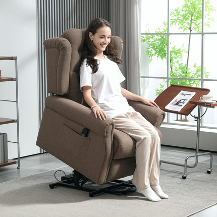 Electric Riser Recliner Chair with USB Ports and Wingback Design - Dark Brown Linen Look