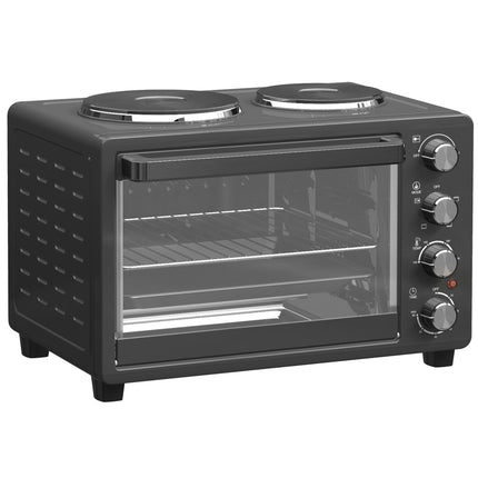 28L Mini Oven with 2 Hot Plates, Toaster Oven, Grill, Roast, Bake, Boil, Timer & Adjustable Temperature - Black