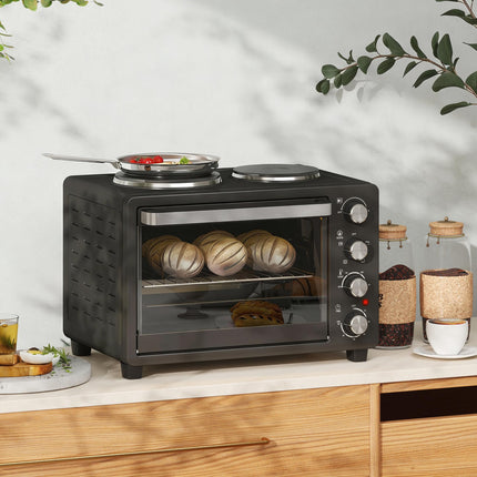 28L Mini Oven with 2 Hot Plates, Toaster Oven, Grill, Roast, Bake, Boil, Timer & Adjustable Temperature - Black
