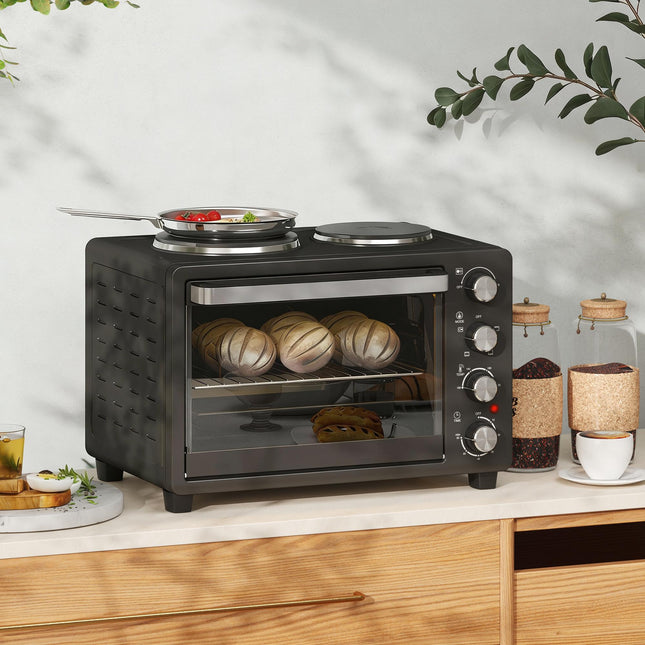 28L Mini Oven with 2 Hot Plates, Toaster Oven, Grill, Roast, Bake, Boil, Timer & Adjustable Temperature - Black