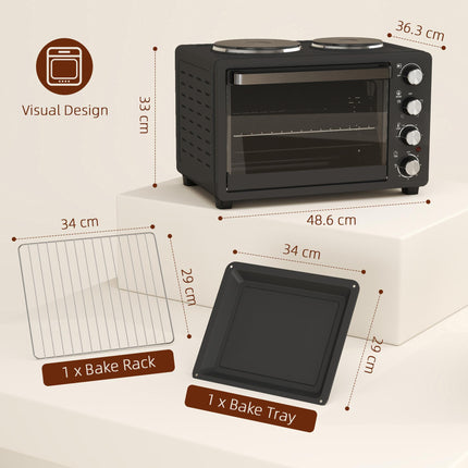 28L Mini Oven with 2 Hot Plates, Toaster Oven, Grill, Roast, Bake, Boil, Timer & Adjustable Temperature - Black
