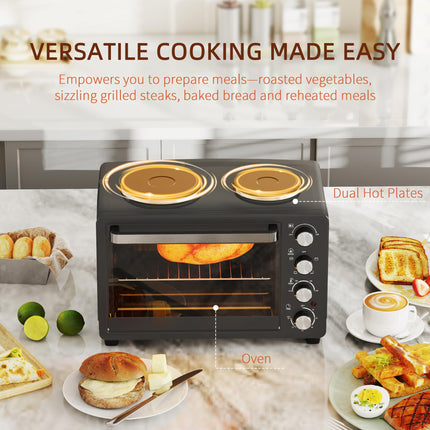 28L Mini Oven with 2 Hot Plates, Toaster Oven, Grill, Roast, Bake, Boil, Timer & Adjustable Temperature - Black