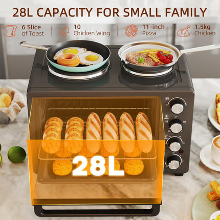 28L Mini Oven with 2 Hot Plates, Toaster Oven, Grill, Roast, Bake, Boil, Timer & Adjustable Temperature - Black