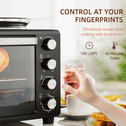 28L Mini Oven with 2 Hot Plates, Toaster Oven, Grill, Roast, Bake, Boil, Timer & Adjustable Temperature - Black