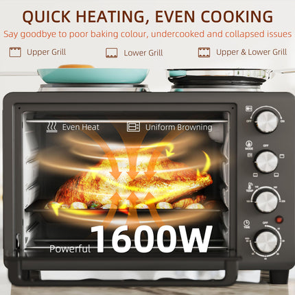 28L Mini Oven with 2 Hot Plates, Toaster Oven, Grill, Roast, Bake, Boil, Timer & Adjustable Temperature - Black